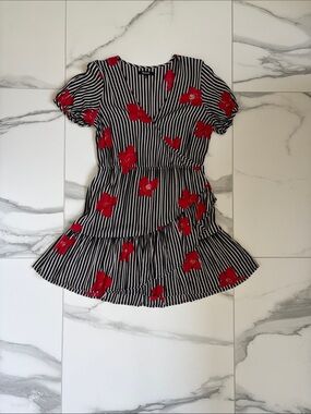 Madewell Blue & White Striped Mini Dress with Red Floral Print